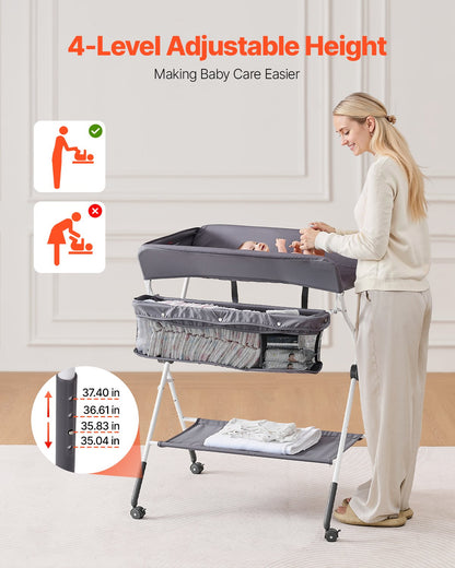 VEVOR Baby Changing Table, Foldable Diaper Change Station with Side Basket, Adjustable Height Portable Changing Table with Lockable Wheels, Multi-Functional Storage Organizer Nursery, Dark Gray