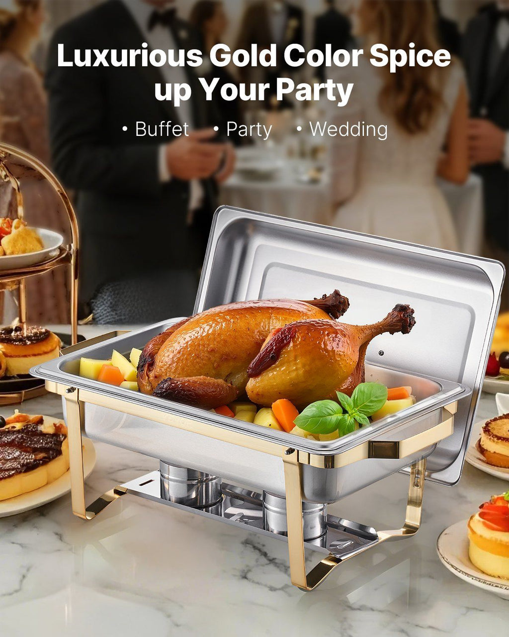 Chafing Dish Buffet Set, 8 Qt 4 Pack, Stainless Steel Chafer with 2 Full Size and 4 Half Size Pans, Rectangle Catering Warmer Server with Lid Water Pan Stand, for Weddings Parties Banquets, Gold