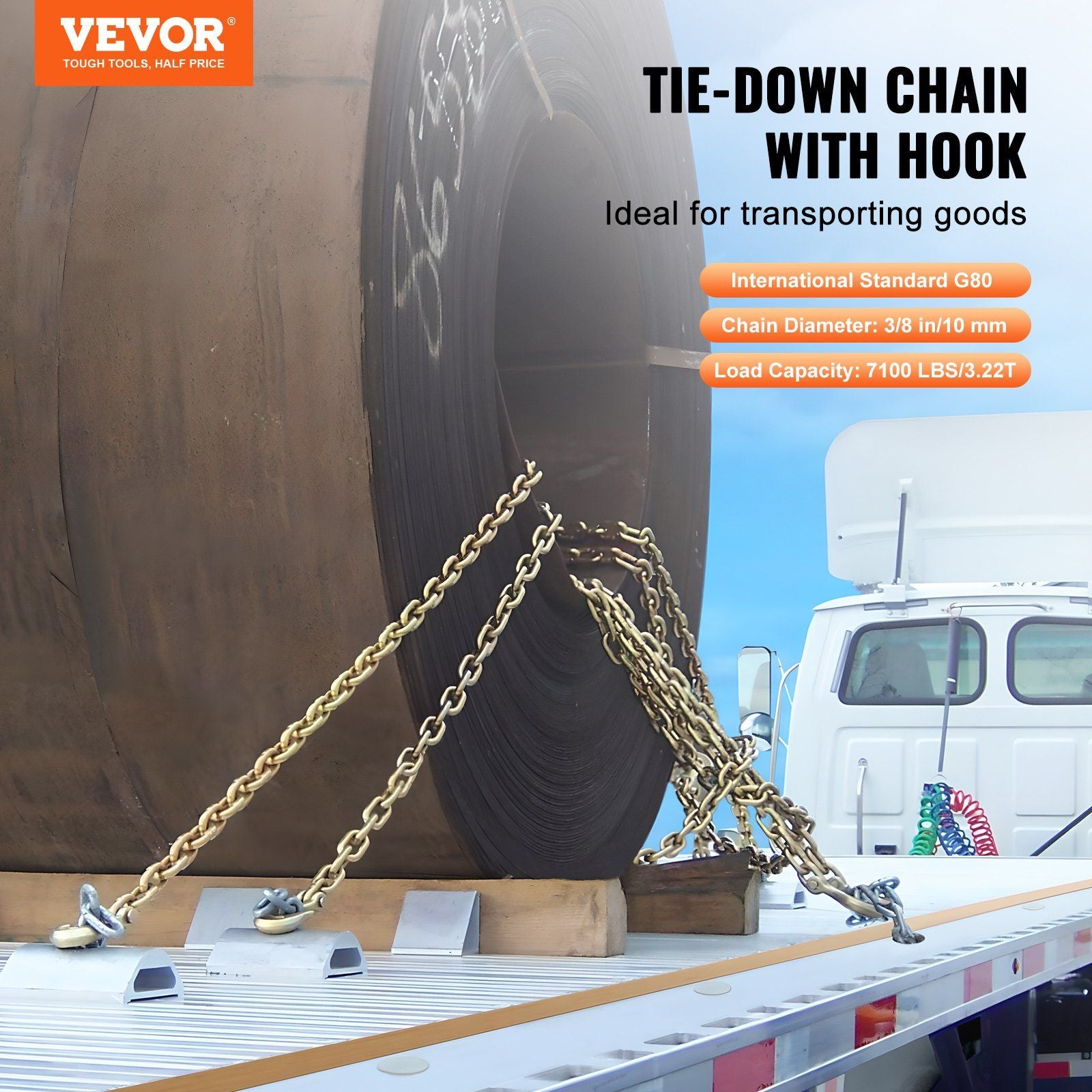 G80 Transport Binder Chain, 10 mm x 316 cm 2-Pack Tow Chain with Clevis Grab Hooks, 3.22T Safe Working Load, Heavy Duty Logging Chain for Transporting Towing Truck Tie Down Binding Equipment