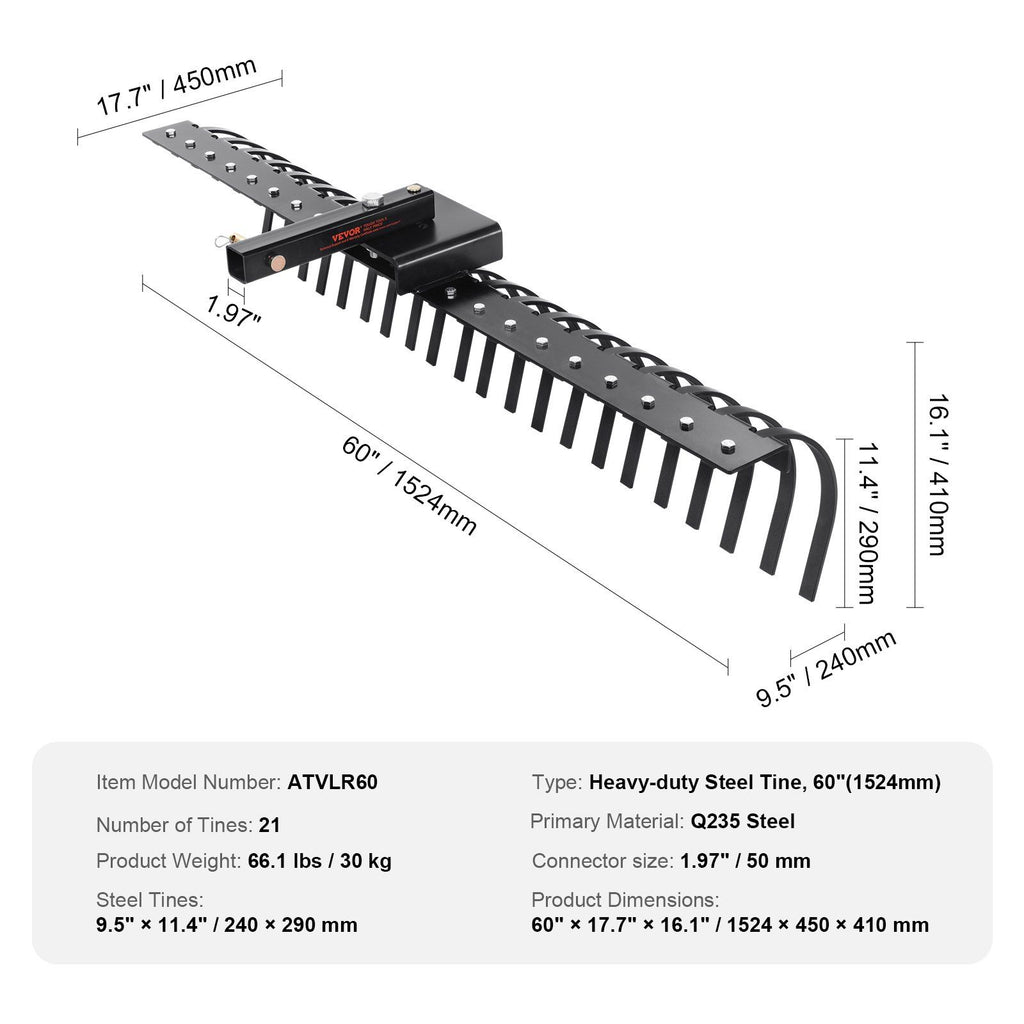 Tow Behind Landscape Rake, 1.5m Tow Dethatcher with 21 Steel Coil Tines, Lawn Dethatcher Rake Attaches to 1.2m or 15m Toolbars and 3-point Suspension Systems, for Leaves, Pine Needles, and Grass