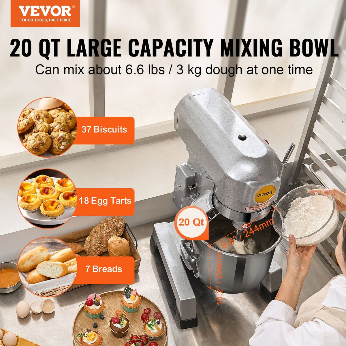 Commercial Food Mixer, 18.7L Commercial Stand Mixer with 3 Adjustable Speeds, 1100W Dough Mixer with Stainless Steel Bowl and 3 Mixing Attachments, Ideal for Restaurant, Bakery, Pastry shop, Caf