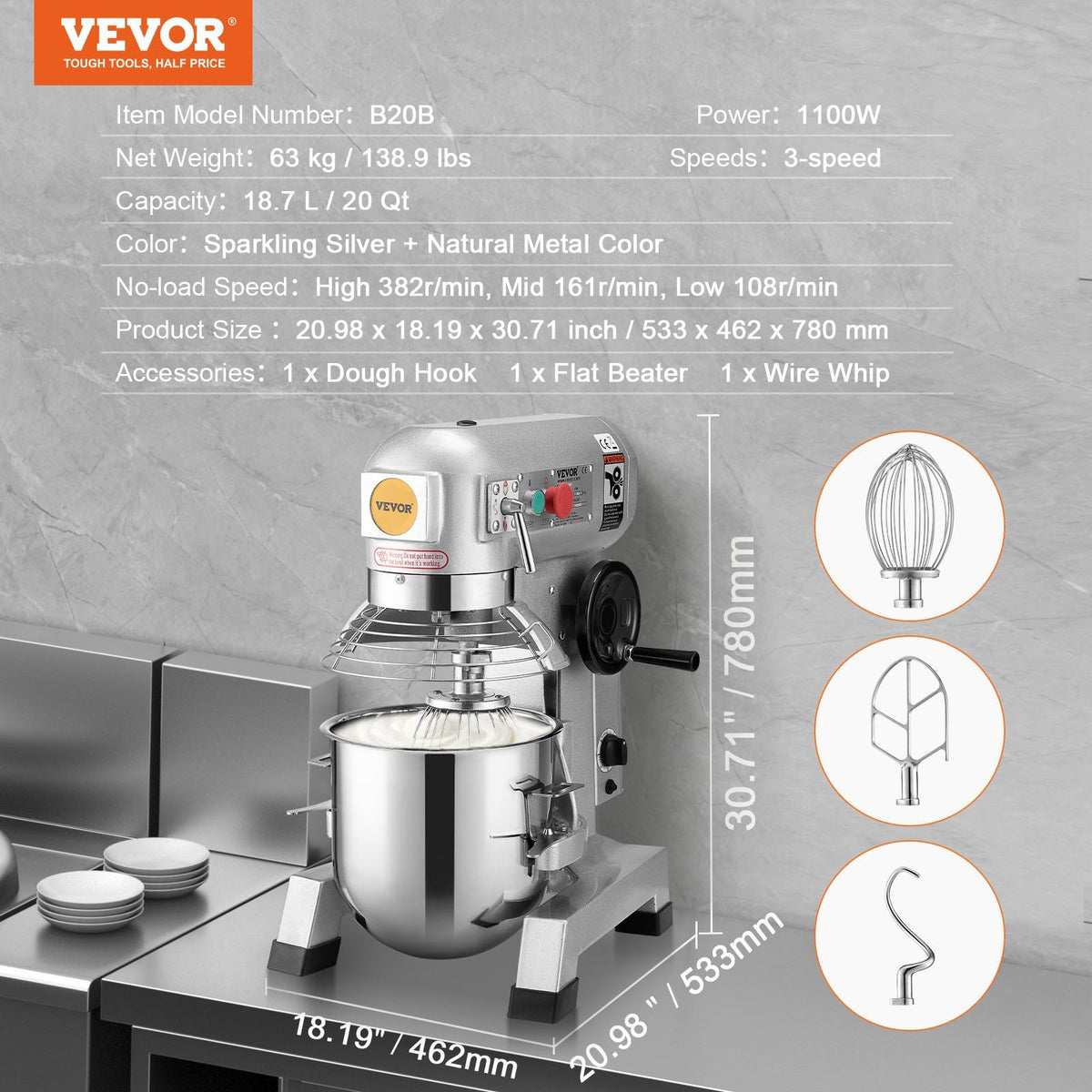 Commercial Food Mixer, 18.7L Commercial Stand Mixer with 3 Adjustable Speeds, 1100W Dough Mixer with Stainless Steel Bowl and 3 Mixing Attachments, Ideal for Restaurant, Bakery, Pastry shop, Caf