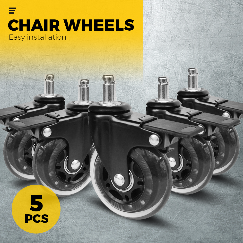 Office Chair Casters 5-Pack - 360° Swivel Wheels with Brake Locks
