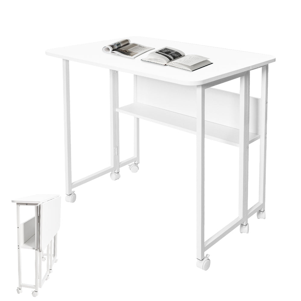 Foldable Desk 80x58x74cm - Wheels Storage 45kg White Space-Saving