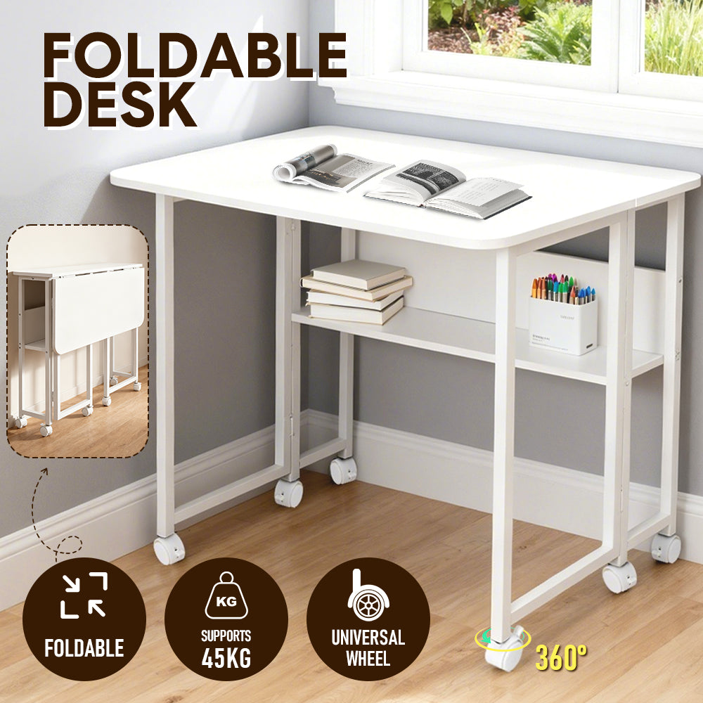 Foldable Desk 80x58x74cm - Wheels Storage 45kg White Space-Saving