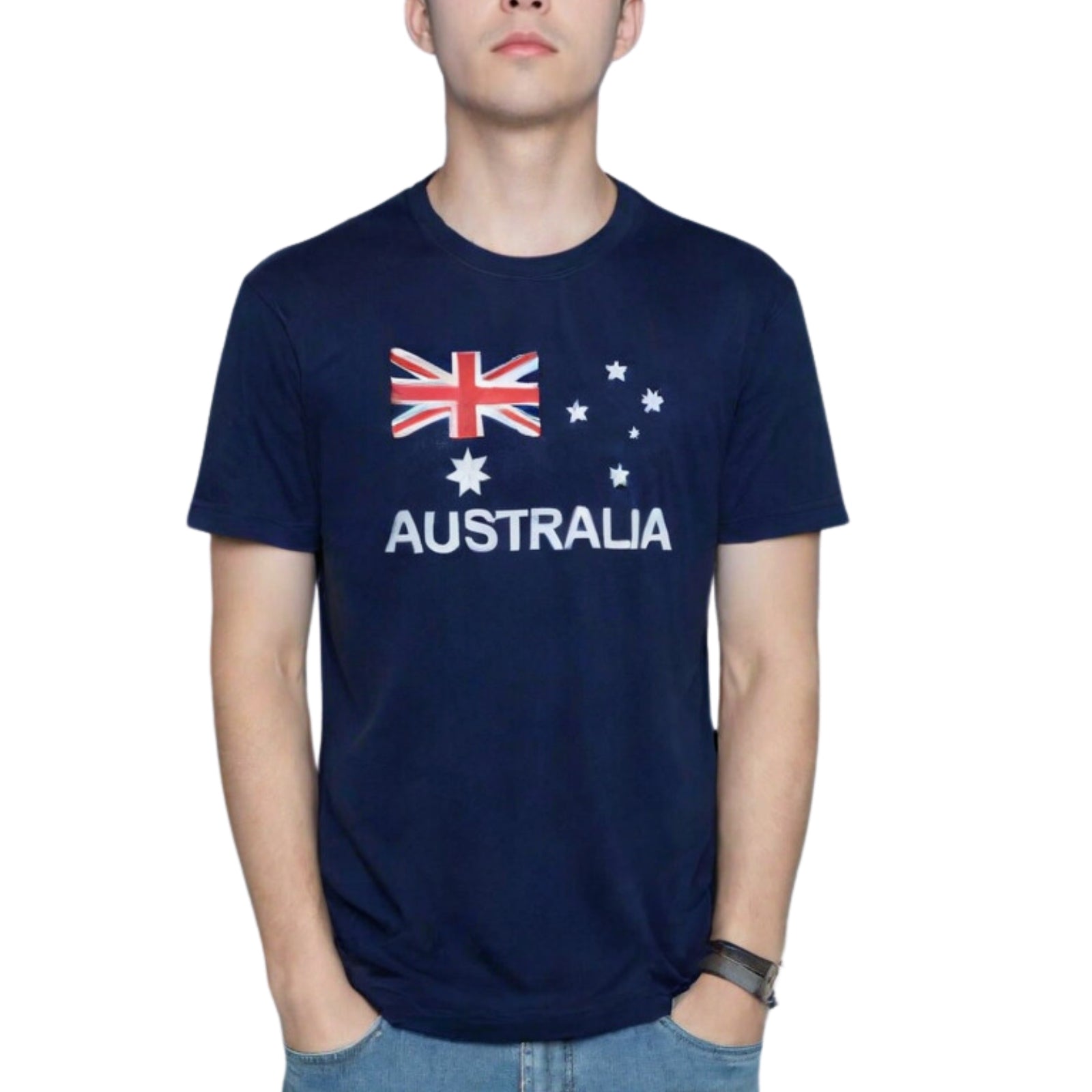 Person wearing a navy blue t-shirt with an Australian flag design on a white background