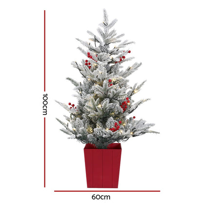 Jingle Jollys Christmas Tree 1M LED Potted Xmas Party Decor Red Barries Flocked