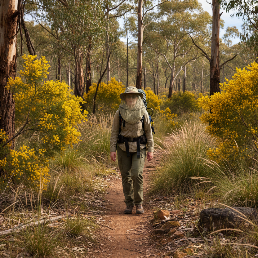 a lady walking through the australian bush wearing a Mosquito Head Net 