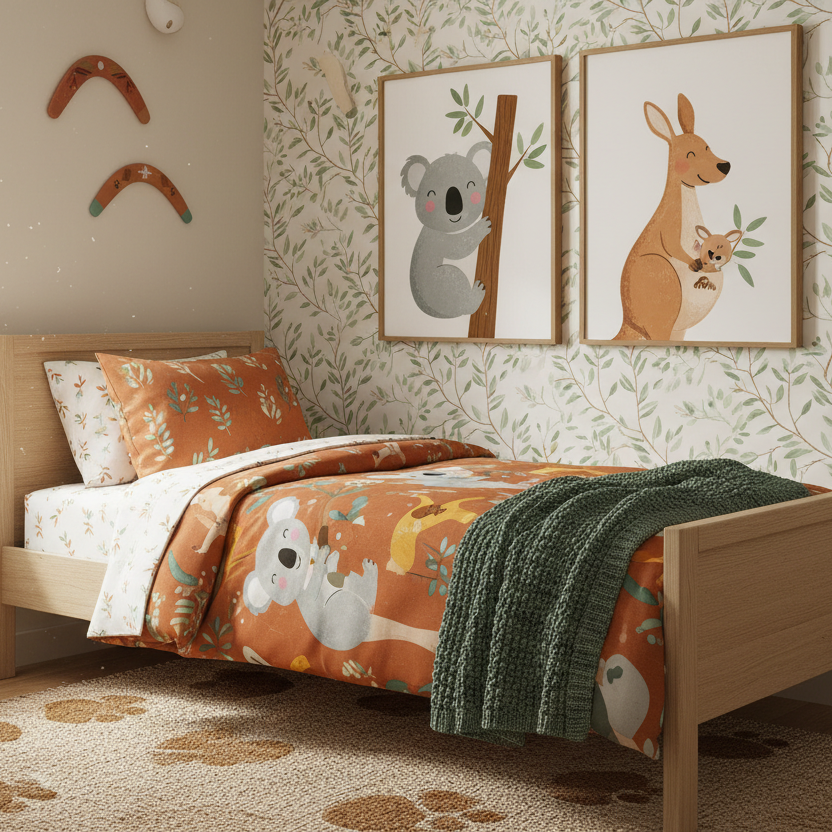 a single bed with one pillow on it in an australian themed kids bedroom