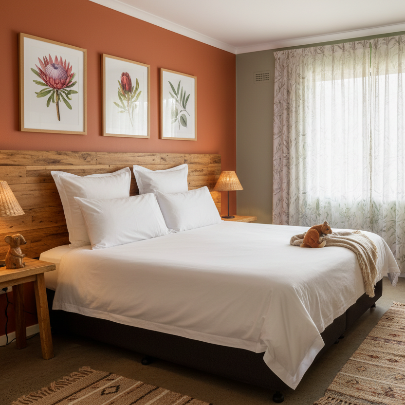 australian themed motel room with a double bed and pillows on it