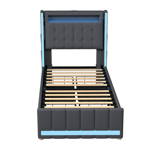 Levede Single Bed Frame Fabric Storage Drawer LED USB-1973194180901605377