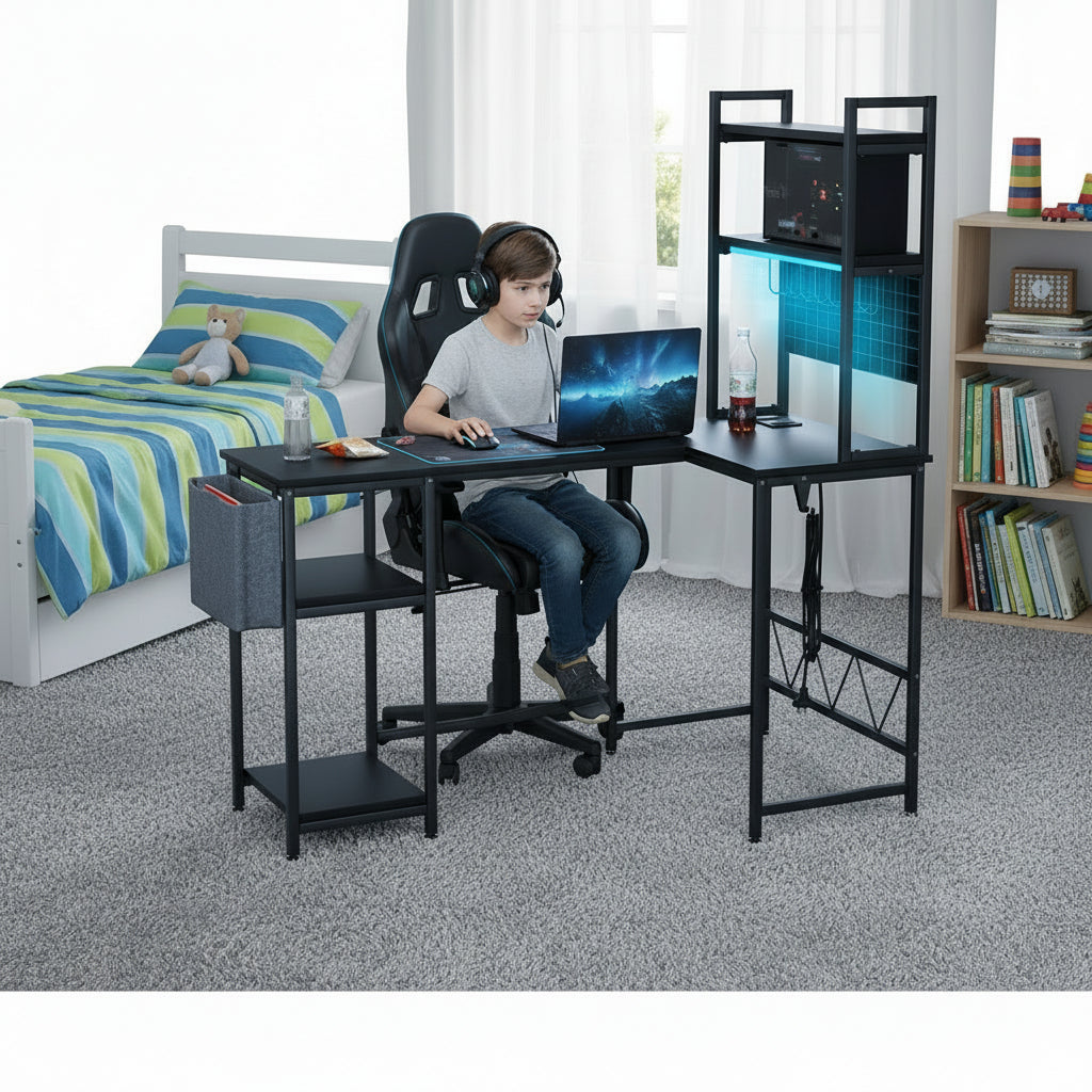 Levede L‑Shaped Gaming Desk – Black with RGB LED Lights and Built‑in Power Outlets