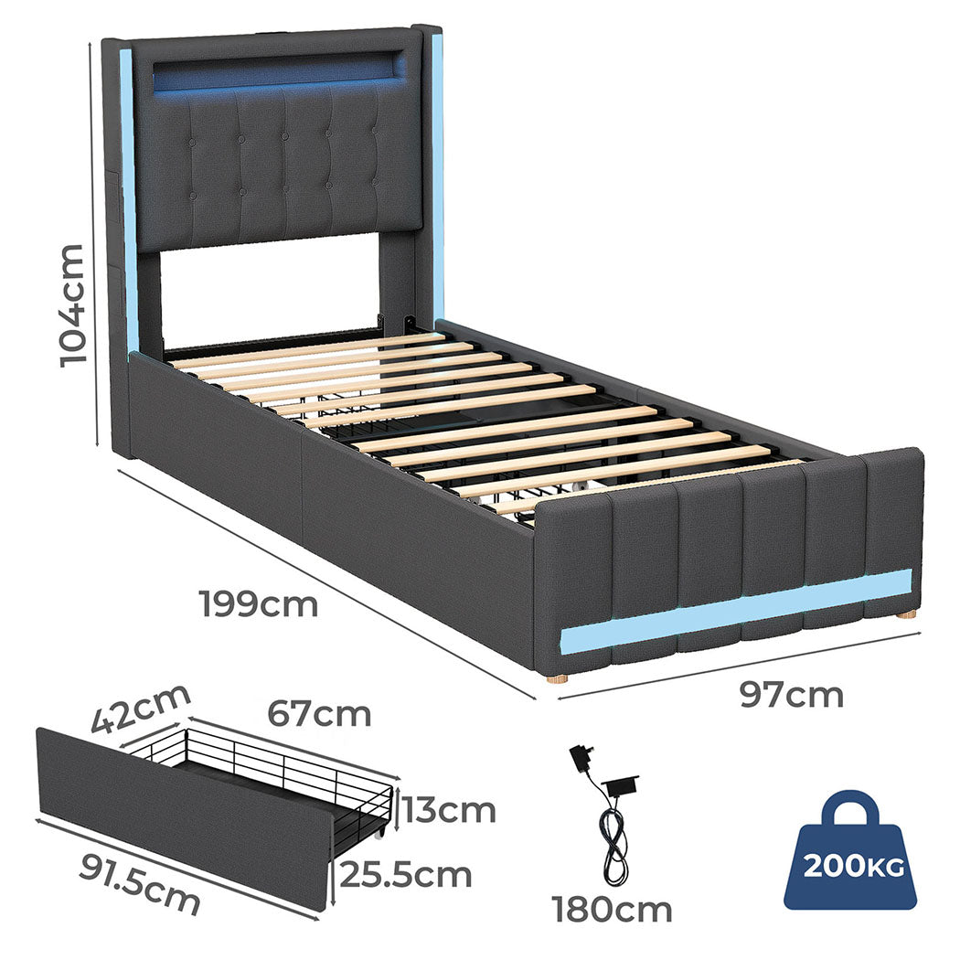 Levede Single Bed Frame Fabric Storage Drawer LED USB-1973194180901605378