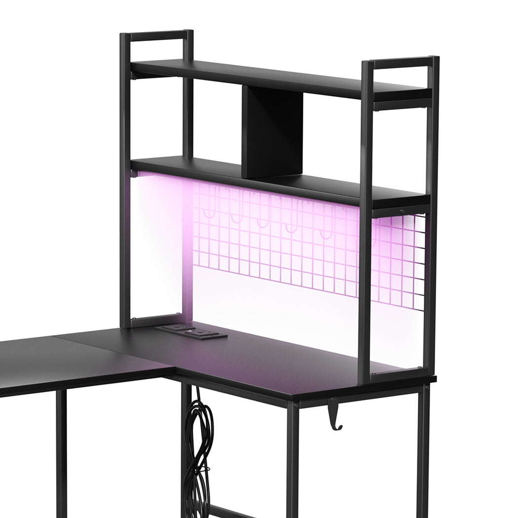 Levede L Shaped Gaming Desk with LED Lights Black-1996005489535750147