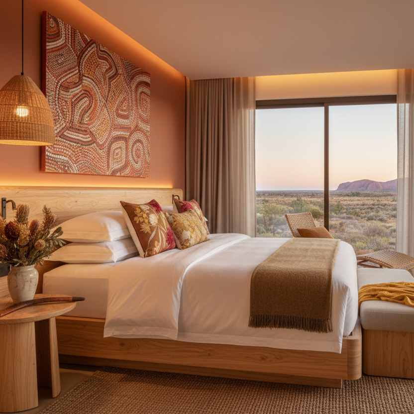king size bed in a resort australian themed bedroom