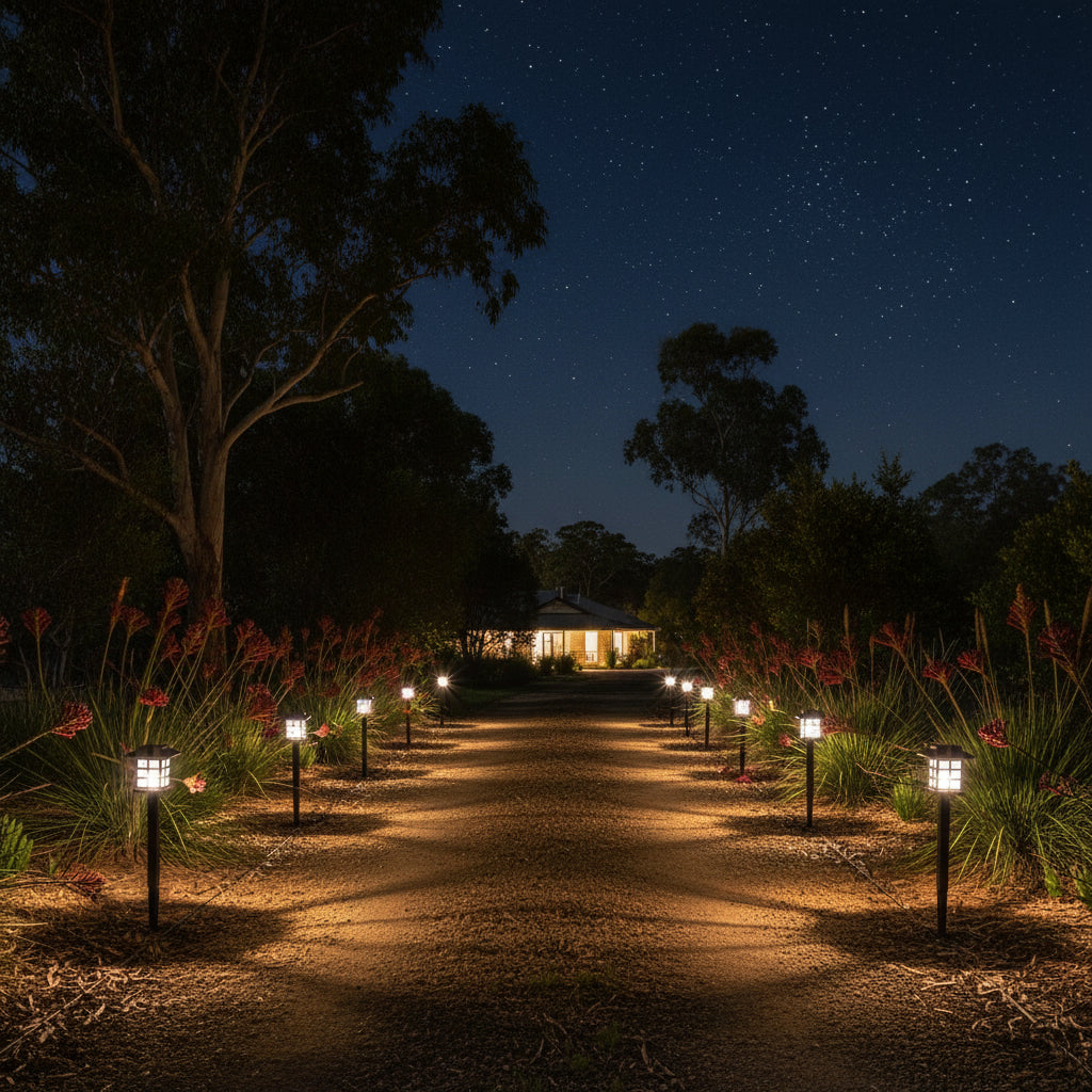 Black solar-powered garden lamp on a white background